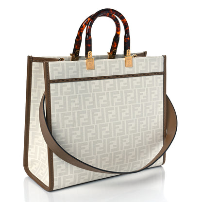 Fendi Glazed Fabric Plexiglass FF Logo Bikini Girls Medium Fendi Sunshine Shopper Tote Bianco Perla Multicolor Miele Scuro 3 of 10