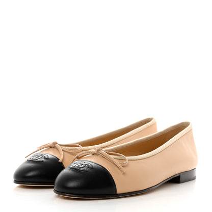 Chanel Lambskin Cap Toe CC Ballerina Flats 38 Beige Black 3 of 9