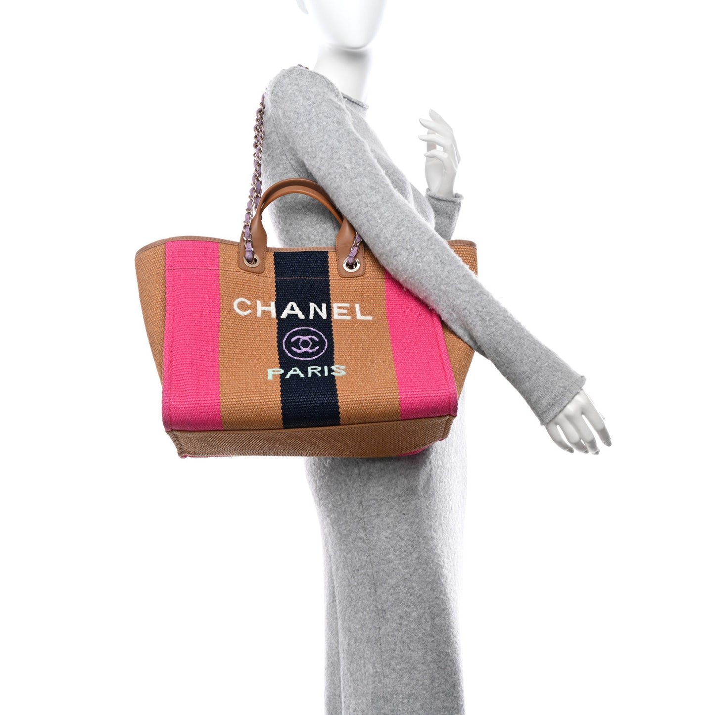 Straw Raffia Calfskin Striped Medium Deauville Tote Dark Beige Fuchsia Navy Blue