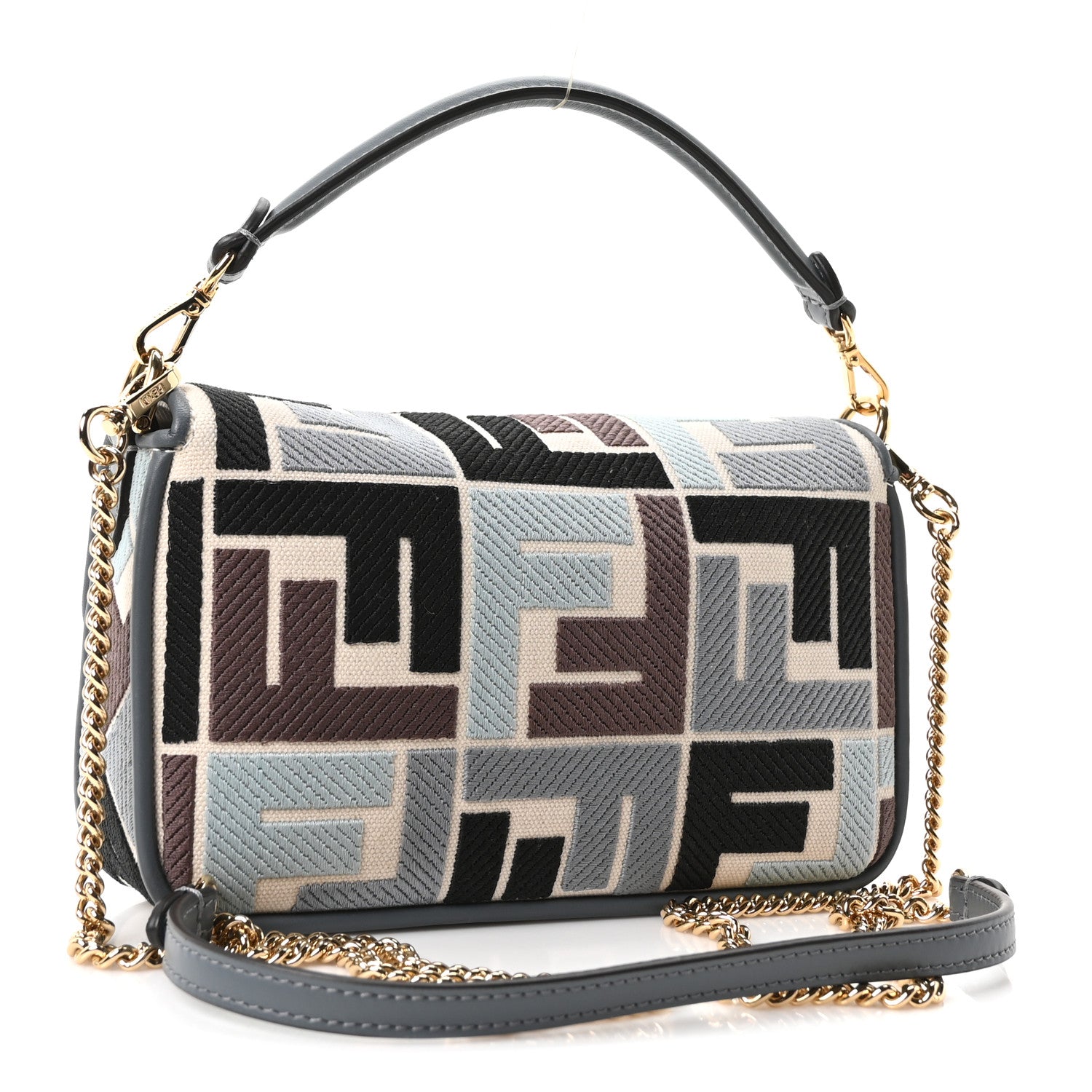 Fendi Canvas Vitello King Seta FF Embroidered Mini Baguette Anice Tortora 3 of 10