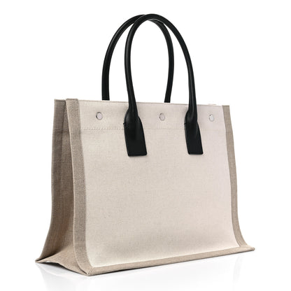 Saint Laurent Linen Calfskin Small Rive Gauche Tote Greggio Natural 3 of 10