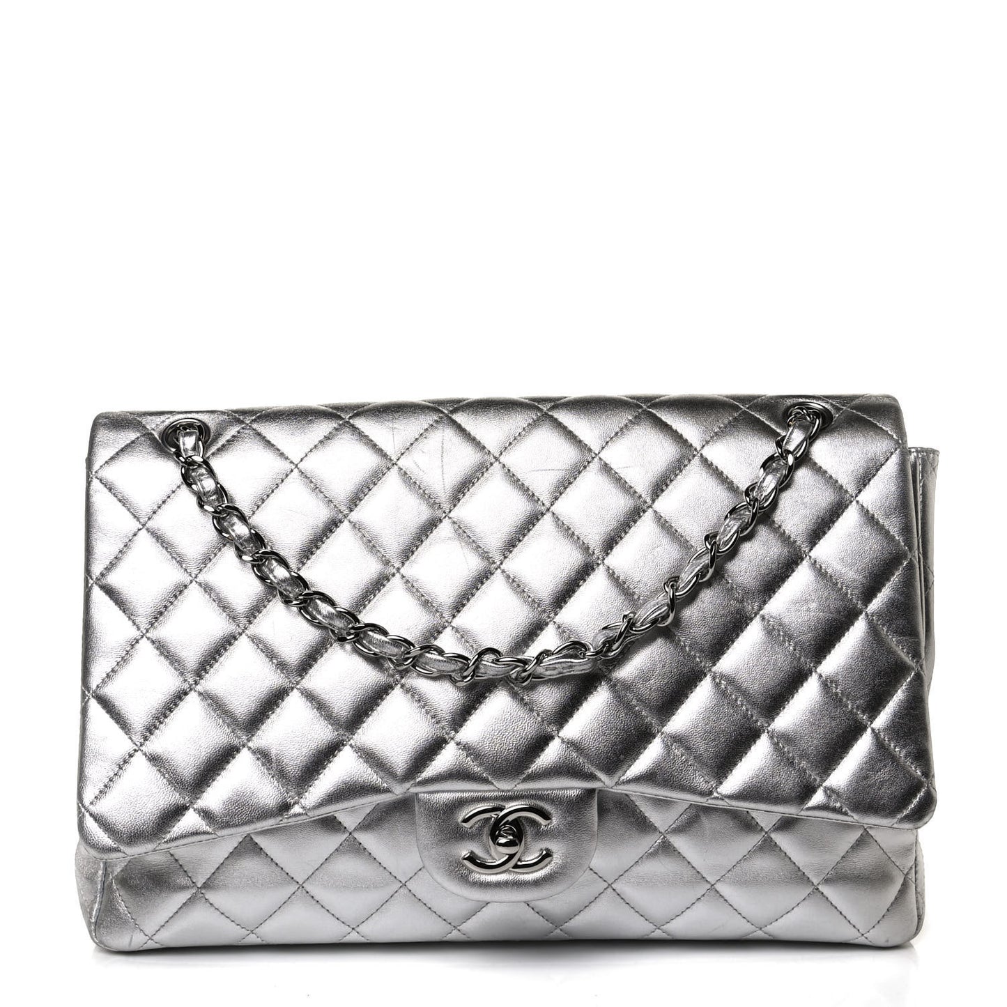 Metallic Lambskin Quilted Maxi Single Flap Silver
