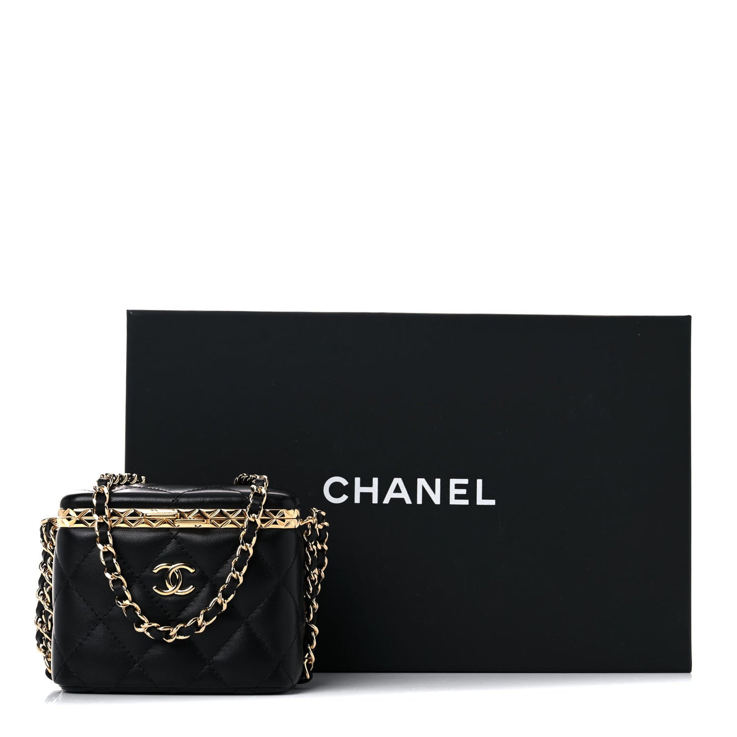 Metal Lambskin Quilted Small Vanity With Chain Black