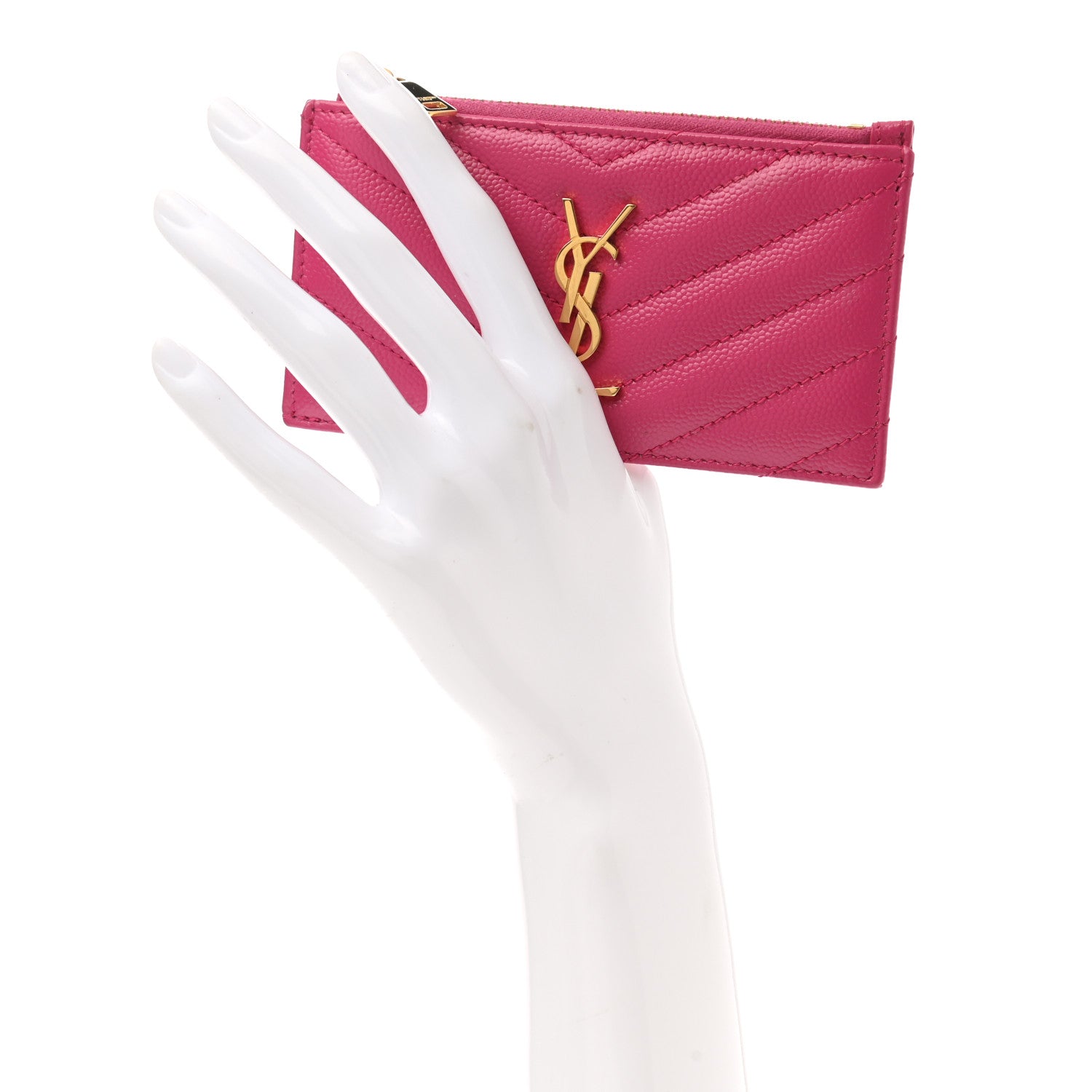 Saint Laurent Grain De Poudre Matelasse Chevron Monogram Fragments Zippered Card Case Fresh Fuxia 3 of 8