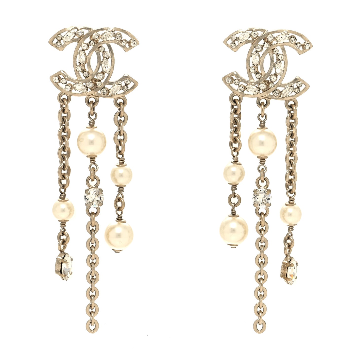 Pearl Baguette Crystal CC Chain Drop Earrings Light Gold Pearly White