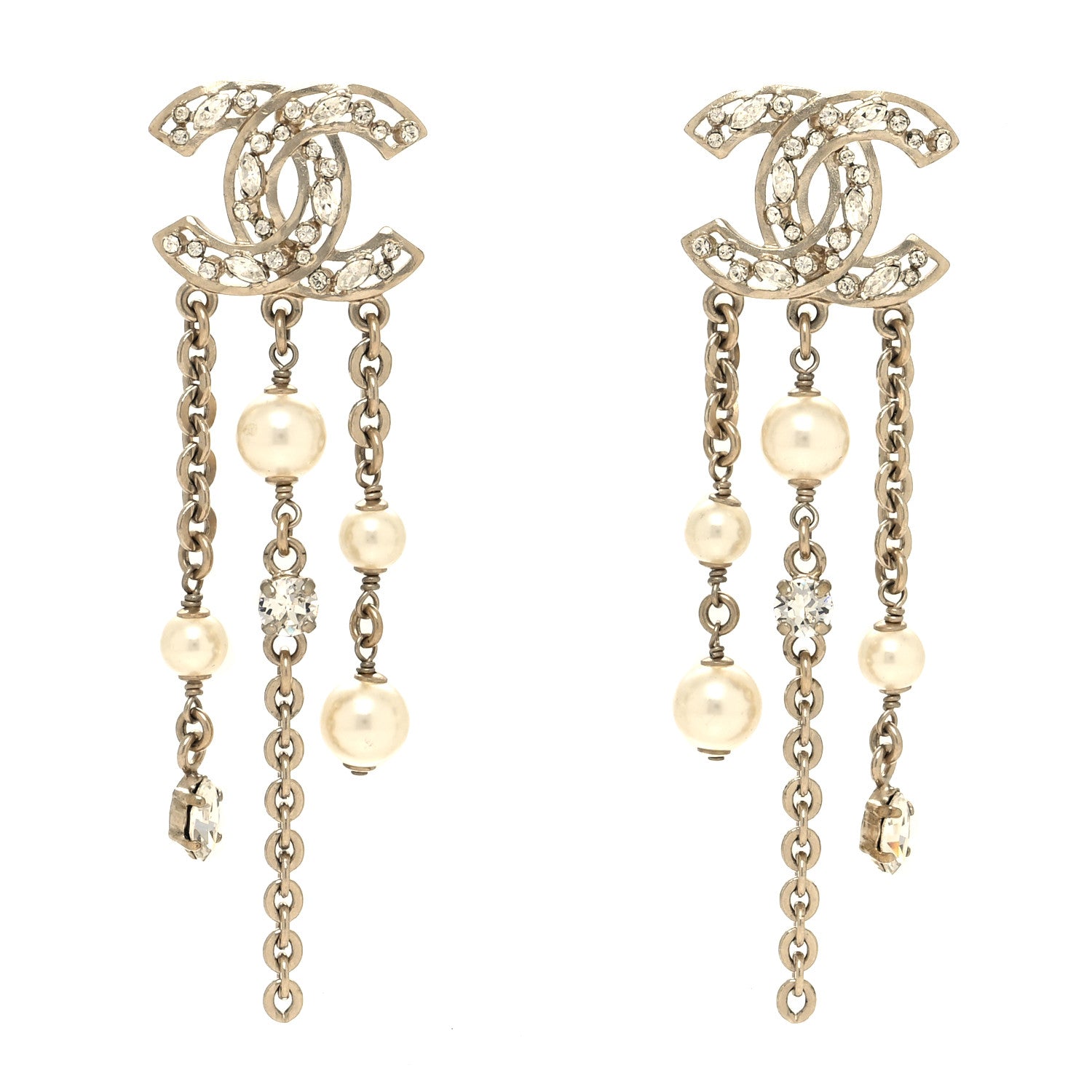 Chanel Pearl Baguette Crystal CC Chain Drop Earrings Light Gold Pearly White 1 of 4