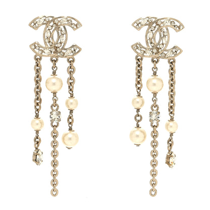 Chanel Pearl Baguette Crystal CC Chain Drop Earrings Light Gold Pearly White 1 of 4