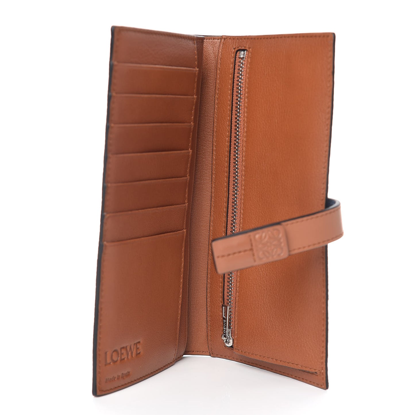 Grained Calfskin Large Vertical Wallet Steel Blue Tan