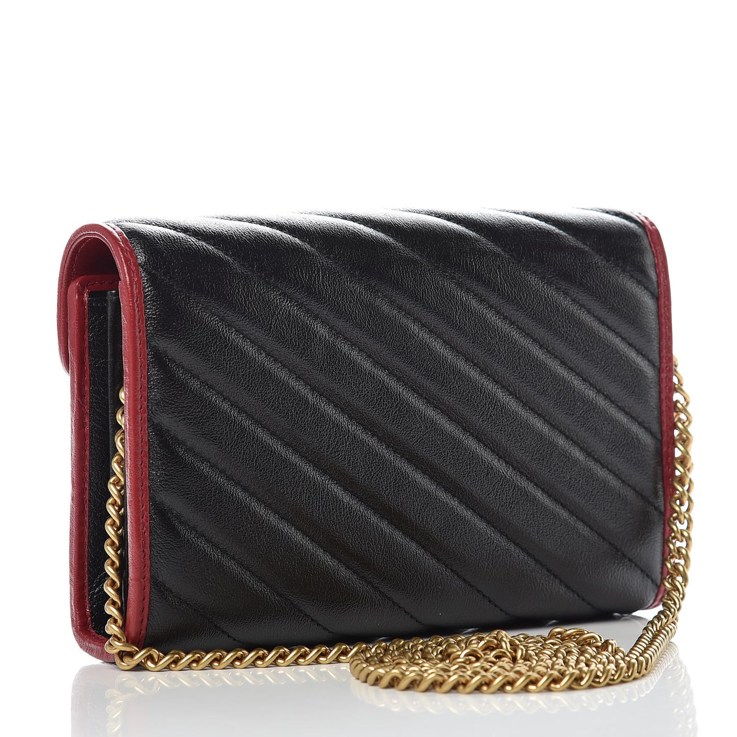 Vintage Effect Calfskin Matelasse Diagonal Torchon GG Marmont Chain Wallet Black Romantic Cherry