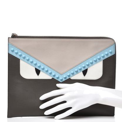 Fendi Vitello Dolce Monster Eyes Studded Zip Around Pouch Carbone White Multicolor 2 of 8