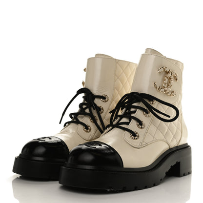 Chanel Shiny Calfskin Quilted Lace Up Combat Boots 38 Ivory Black 3 of 12