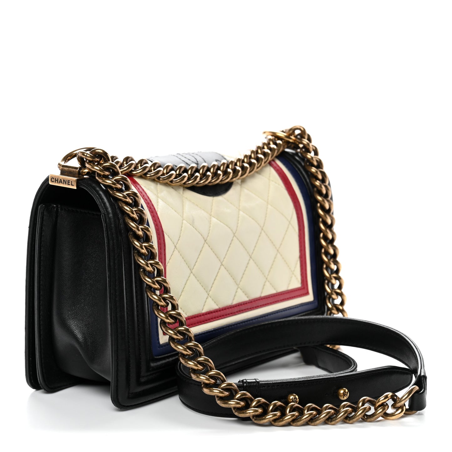 Lambskin Quilted Crest Embellished Medium Boy Flap Black White Blue
