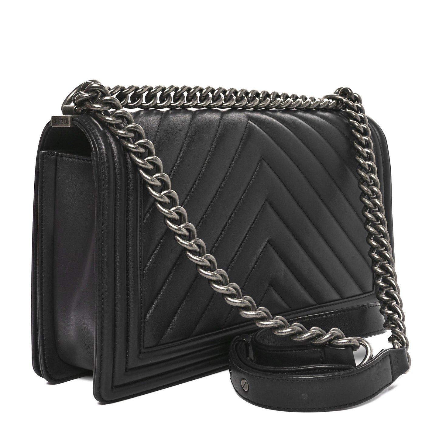 Lambskin Chevron Quilted New Medium Boy Flap Dark Navy Blue