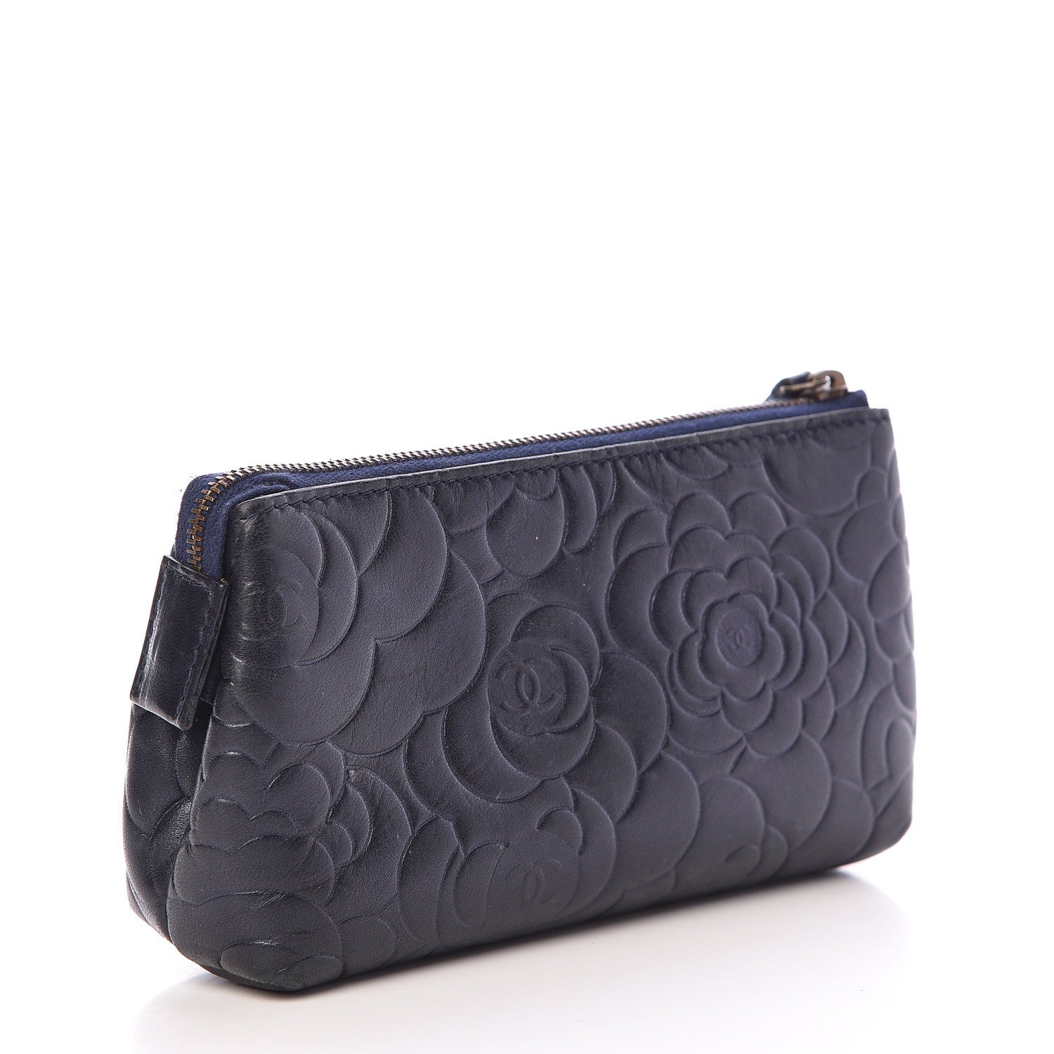 Chanel Lambskin Camellia Embossed Cosmetic Case Dark Blue 3 of 9