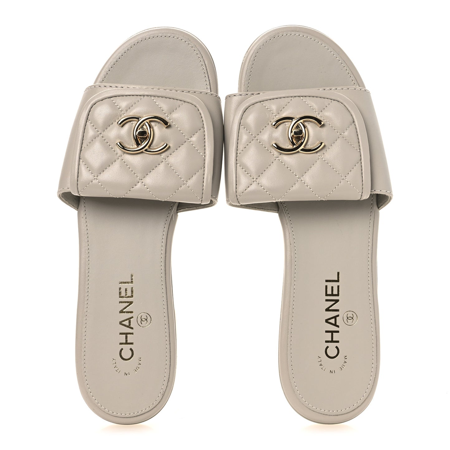 Lambskin Quilted Turnlock Flat Mules 39.5 Light Gray