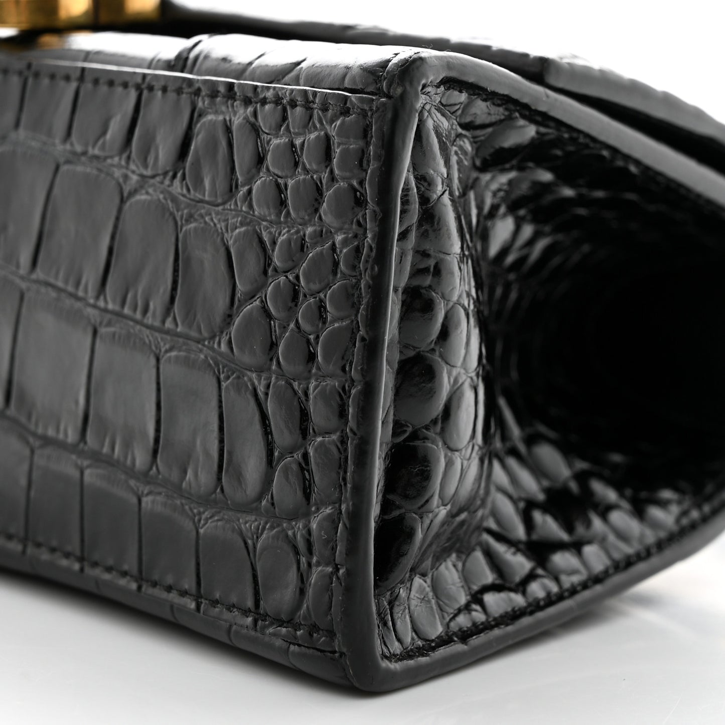 Shiny Calfskin Crocodile Embossed Hourglass Top Handle Bag XS Black