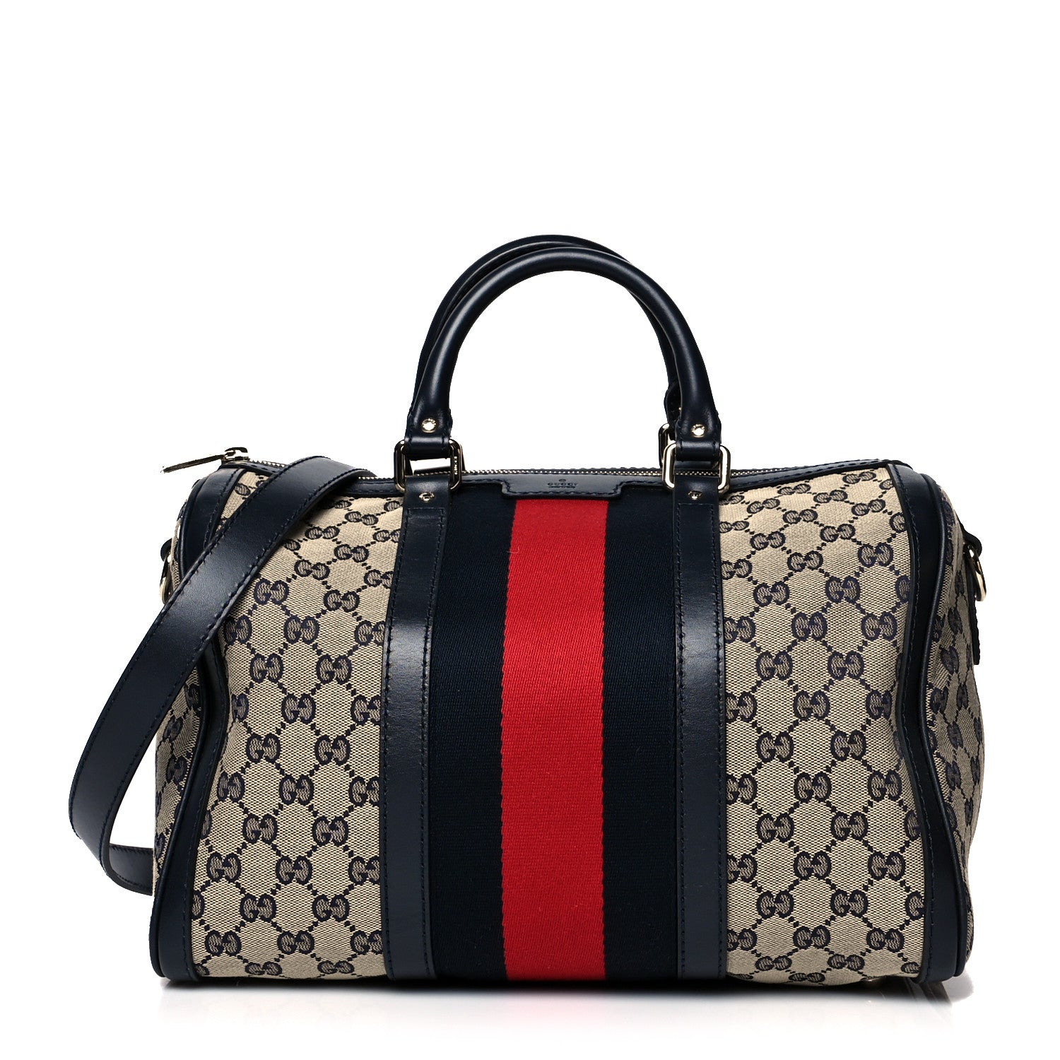 Gucci Monogram Selleria Calfskin Vintage Web Medium Boston Beige Blue 1 of 11
