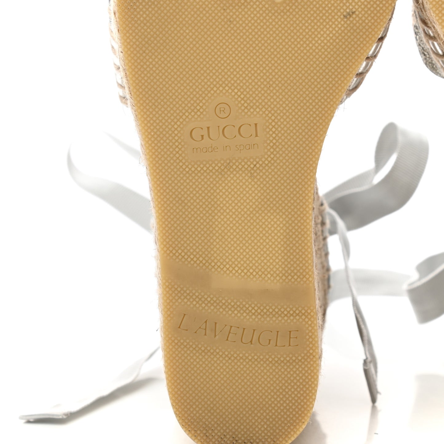 Lame GG Monogram Ankle Wrap Platform Espadrille Wedges 37 Silver Beige Light Grey