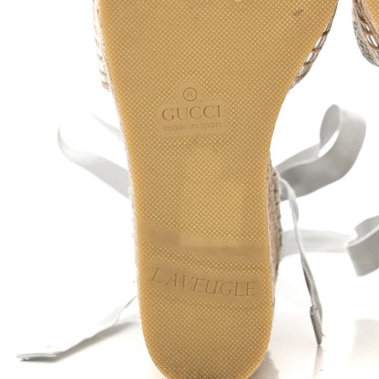 Gucci Lame GG Monogram Ankle Wrap Platform Espadrille Wedges 37 Silver Beige Light Grey 6 of 9