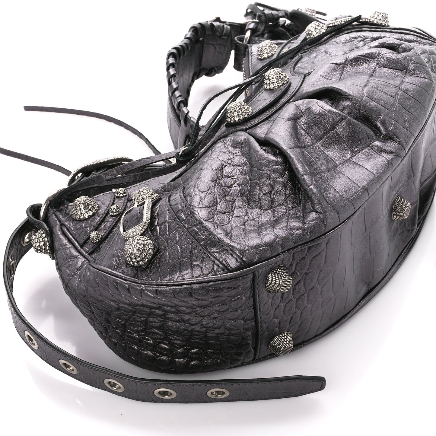 Metallic Calfskin Crocodile Embossed Crystal Small Le Cagole Shoulder Bag Gunmetal