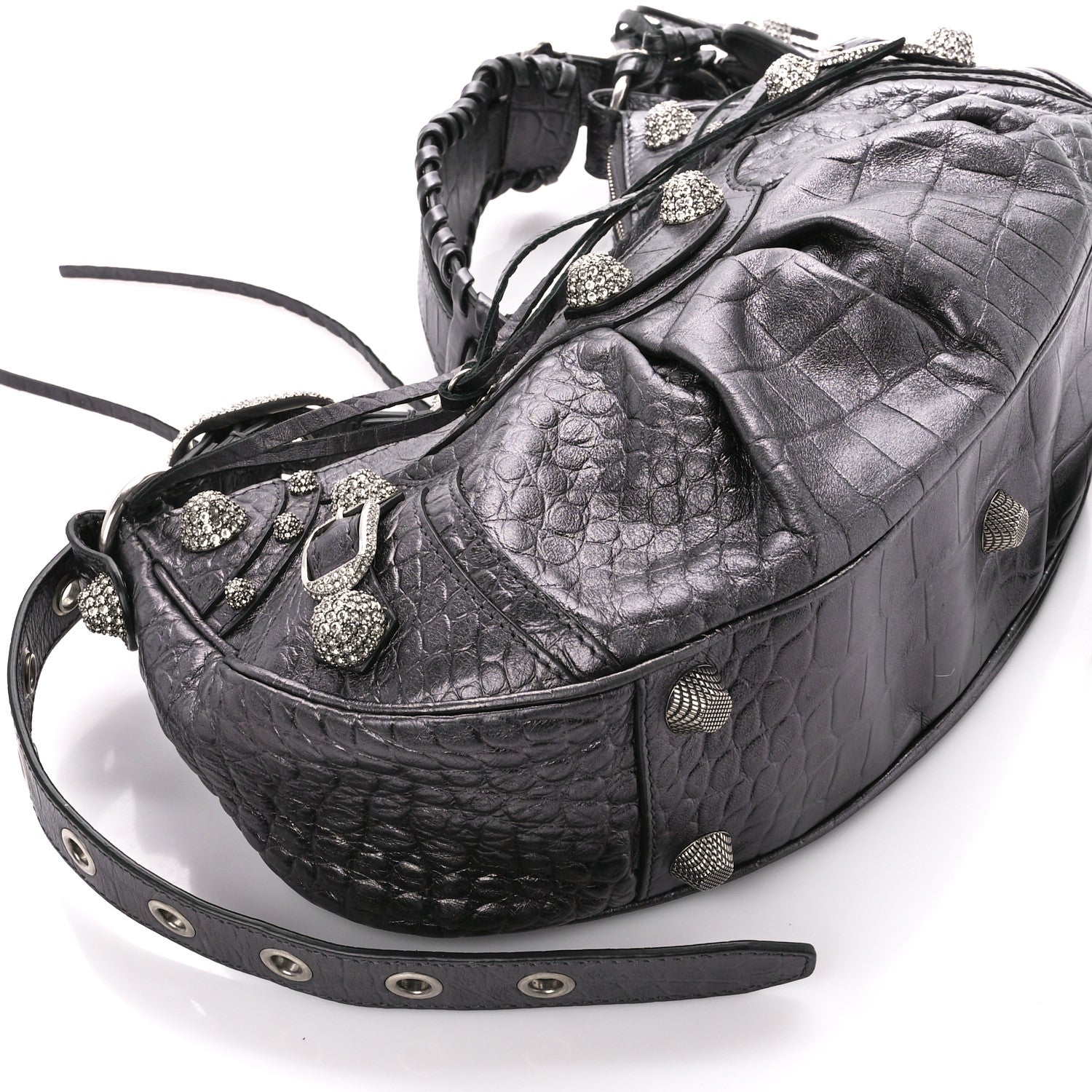 Balenciaga Metallic Calfskin Crocodile Embossed Crystal Small Le Cagole Shoulder Bag Gunmetal 13 of 14