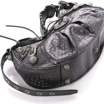 Balenciaga Metallic Calfskin Crocodile Embossed Crystal Small Le Cagole Shoulder Bag Gunmetal 13 of 14