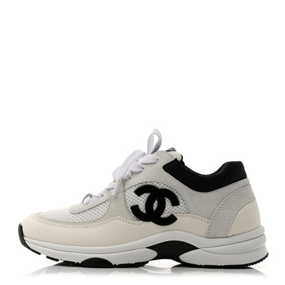 Chanel Mesh Suede Calfskin Grained Calfskin Womens CC Sneakers 37.5 White Black 1 of 9