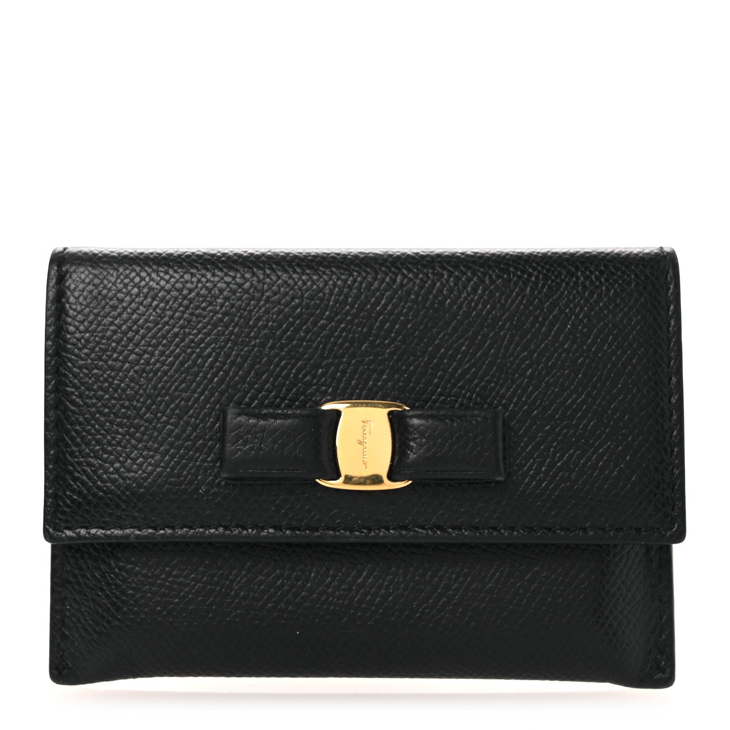 Salvatore Ferragamo Pebbled Calfskin Flap Card Holder Black 1 of 9