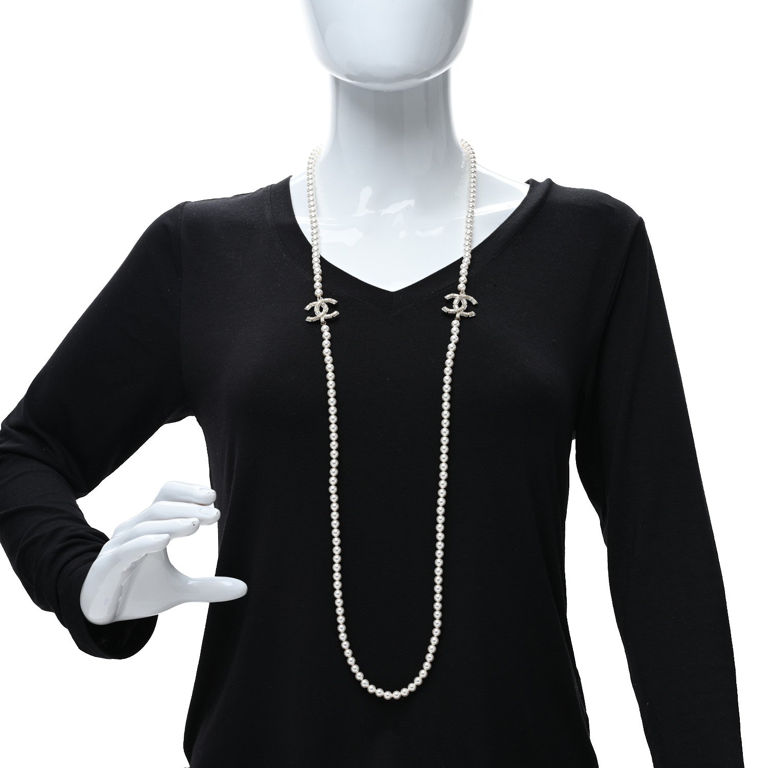 Chanel Metal Baguette Crystal Pearl CC Long Necklace Black Gold 2 of 4