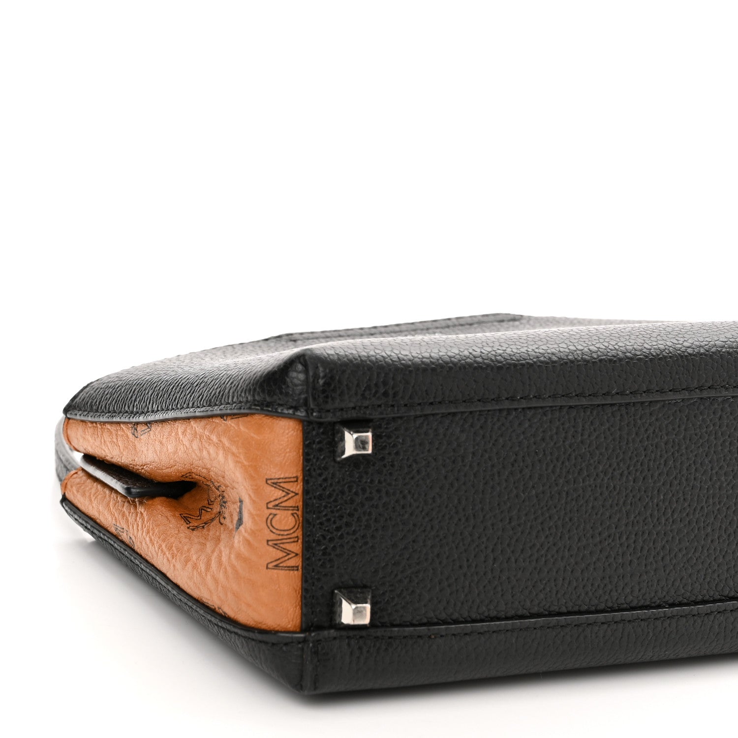 MCM Grained Calfskin Visetos Top Handle Crossbody Cognac Black 9 of 10
