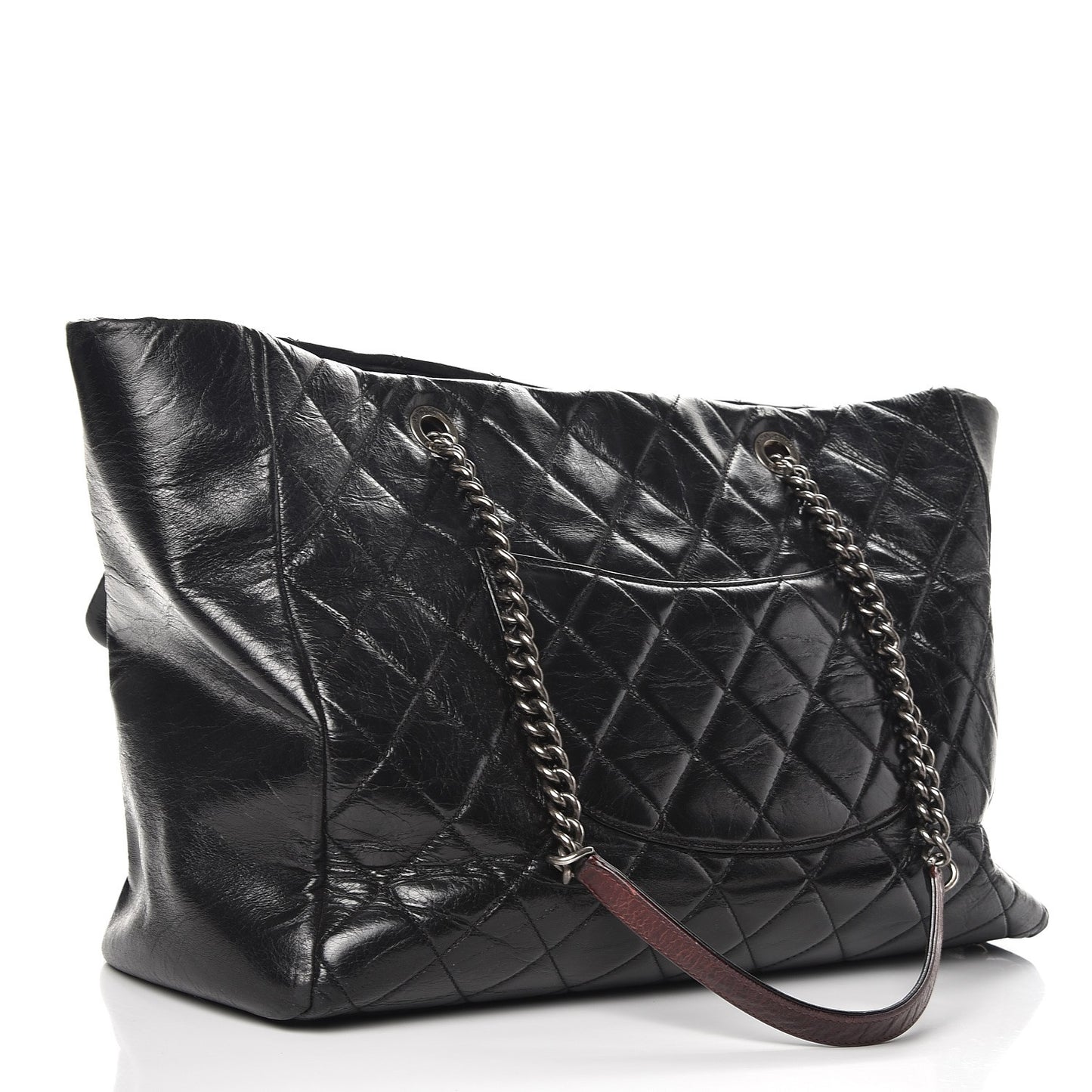 Glazed Calfskin Quilted Large Duo Color Tote Black