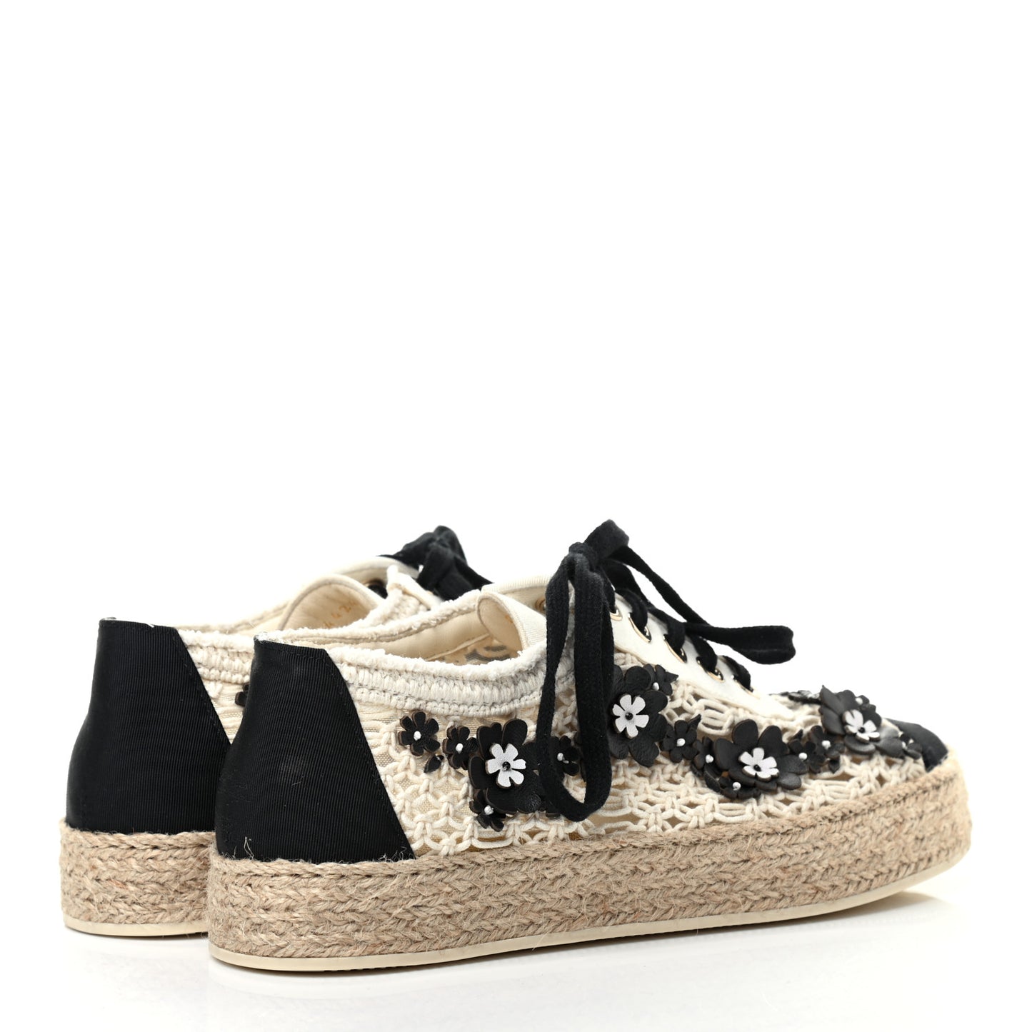 Cotton Grosgrain Broderie Lace Up Espadrilles 36 White Black