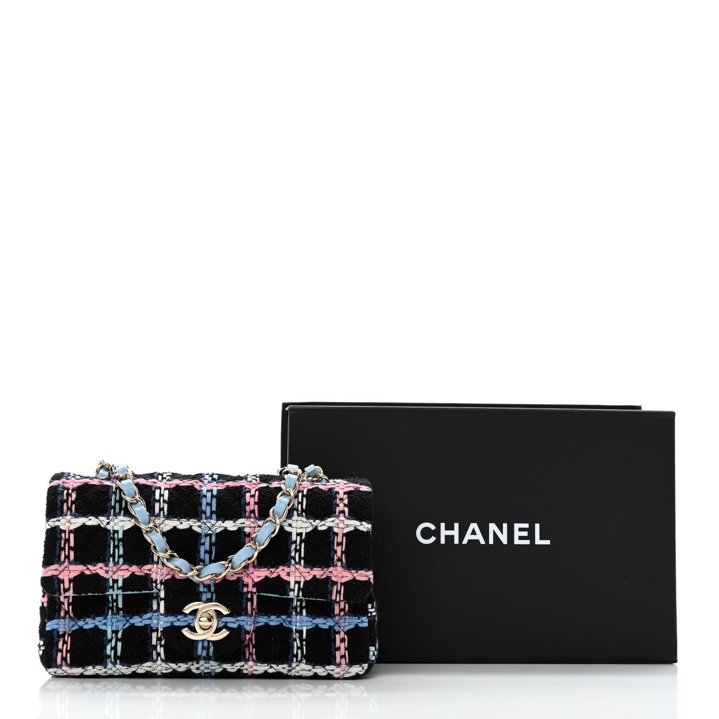 Tweed Quilted Mini Rectangular Flap Black Pink Blue Ecru