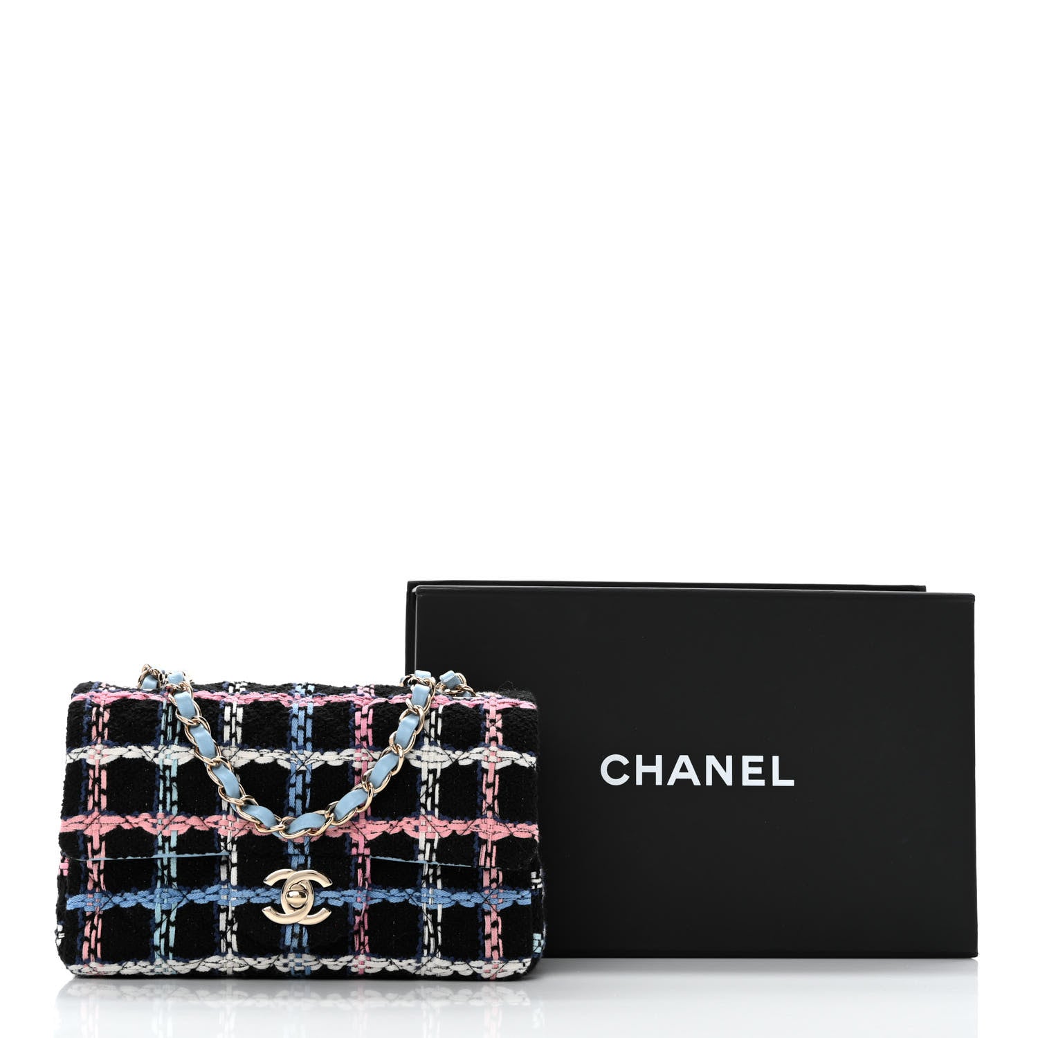 Chanel Tweed Quilted Mini Rectangular Flap Black Pink Blue Ecru 11 of 11