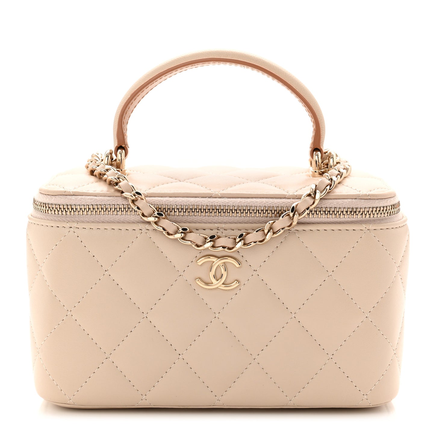 Lambskin Quilted Small Top Handle Vanity Case With Chain Ecru Dark Beige