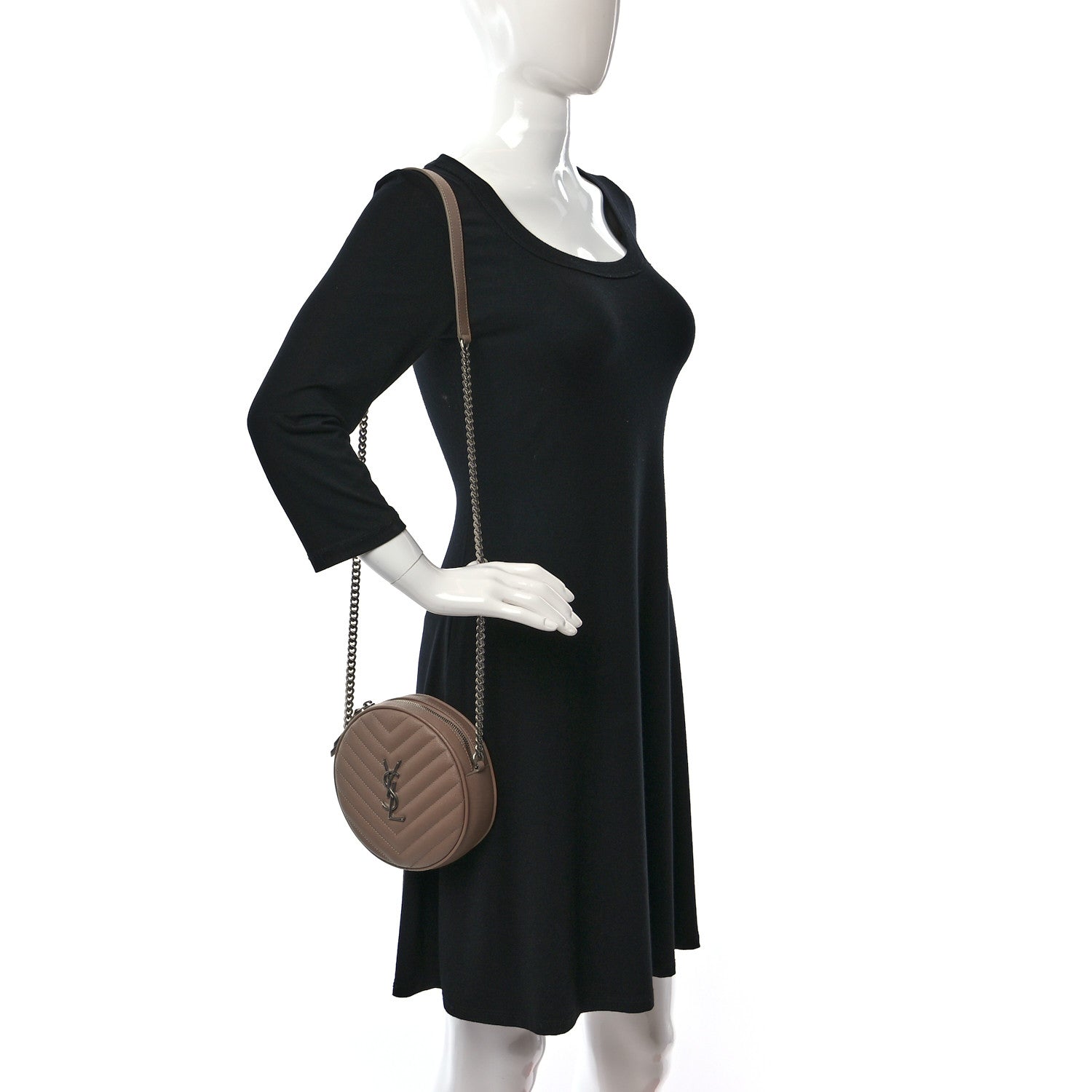 Saint Laurent Grain De Poudre Matelasse Chevron Quilted Round Vinyle Camera Bag Gold Sand 2 of 7