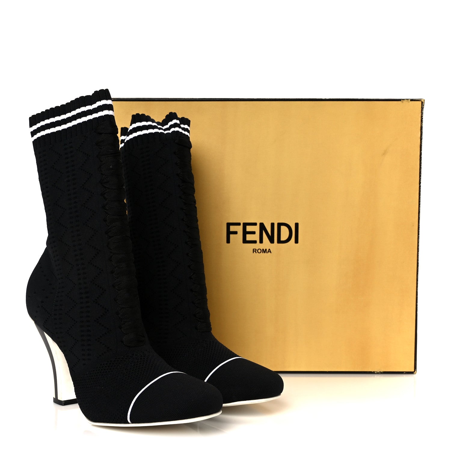 Fendi Stretch Fabric Openwork Rockoko 105mm Sock Boots  40 Black White 9 of 9