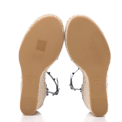 Valentino Garavani Metallic Grained Calfskin Rockstud Ankle Strap Espadrille 15/105mm Wedge Sandals 41 Rutenio Natural 5 of 8