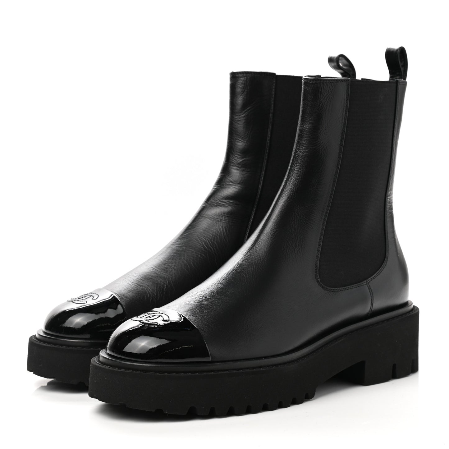 Crumpled Calfskin Patent Cap Toe Short Boots 40 Black