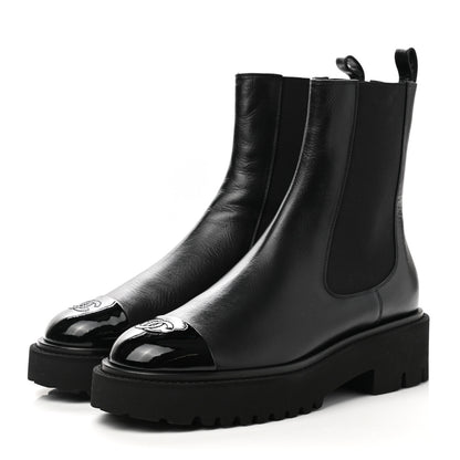 Chanel Crumpled Calfskin Patent Cap Toe Short Boots 40 Black 3 of 8