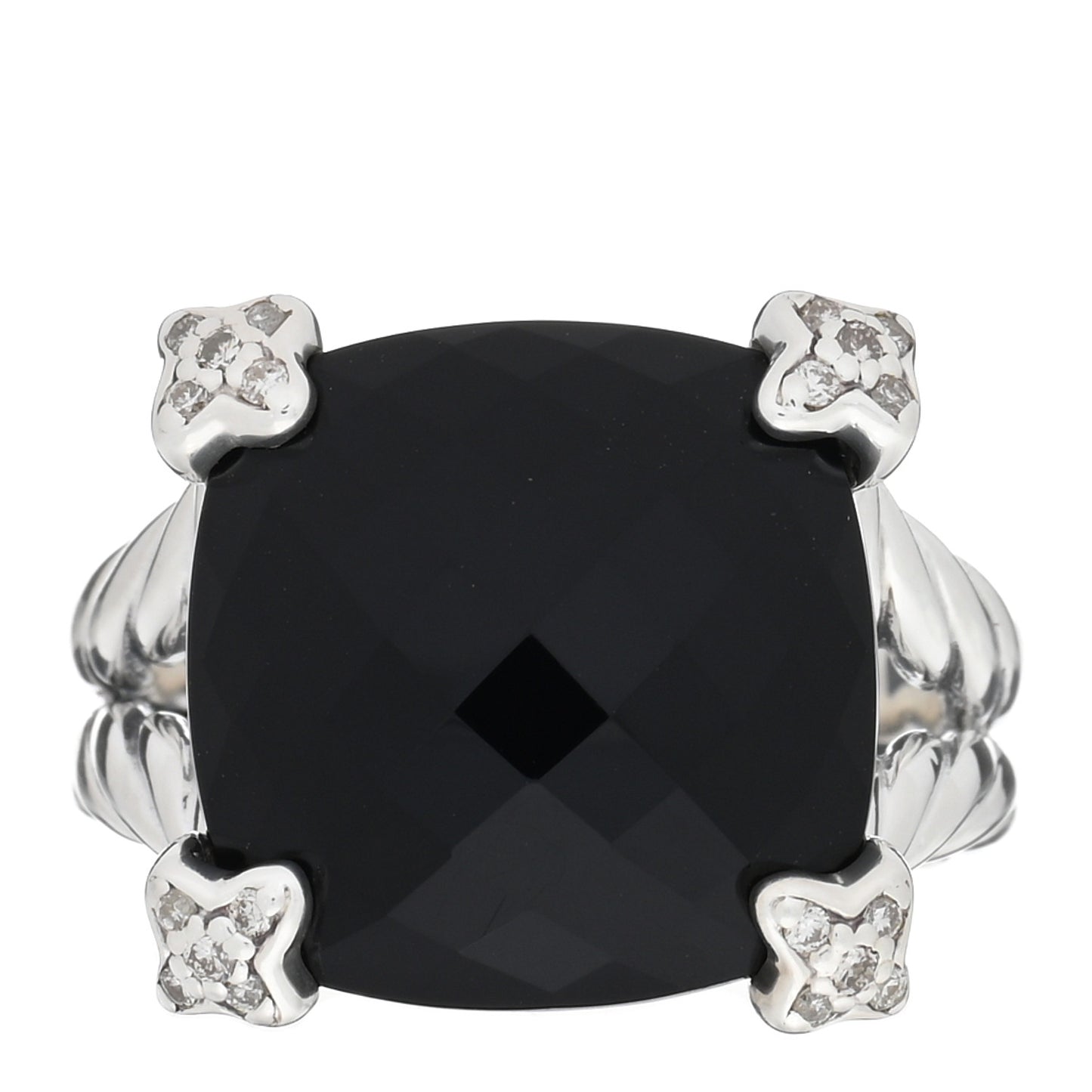 Sterling Silver Diamond Black Onyx 14mm Cushion On Point Ring 54 7