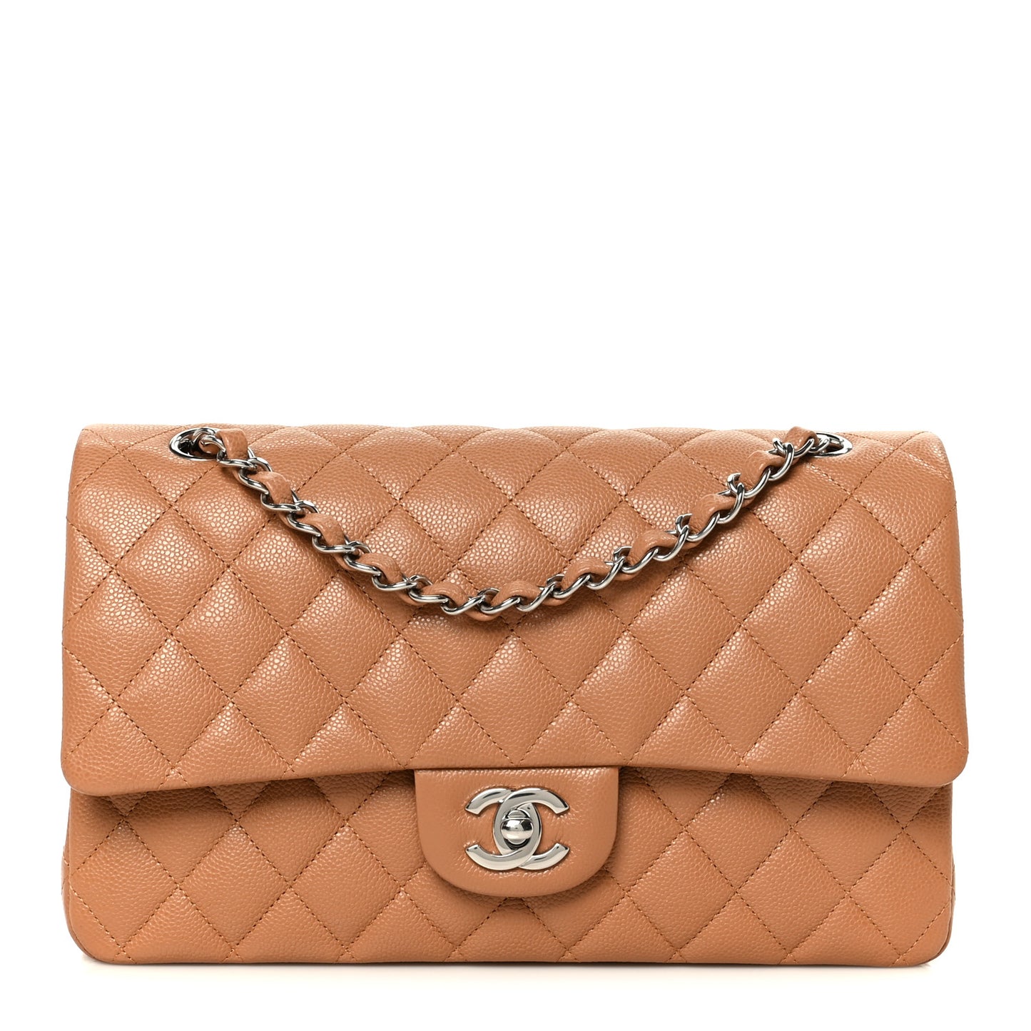 Caviar Quilted Medium Double Flap Light Brown