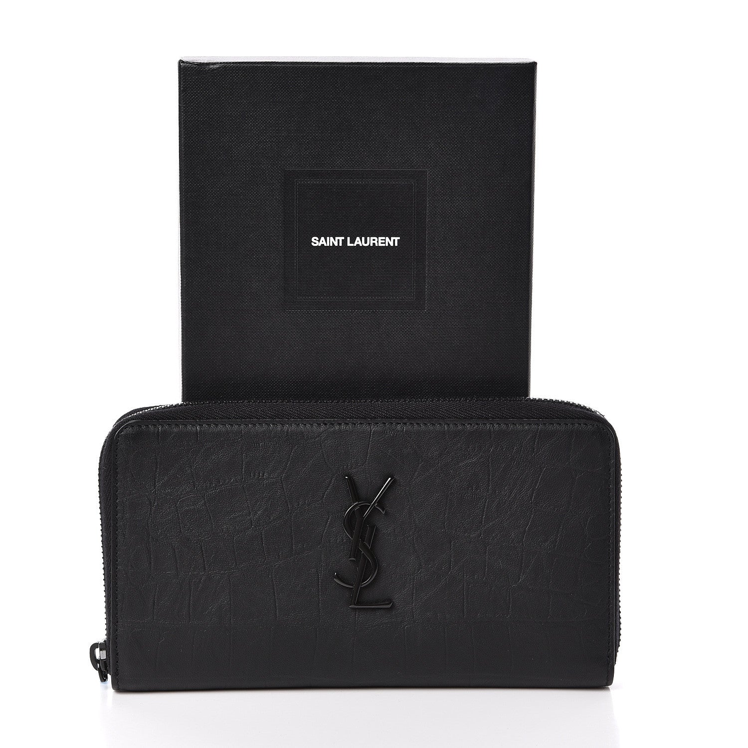 Saint Laurent Crocodile Embossed Sheepskin Mens Zip Around Continental Wallet Black 7 of 7