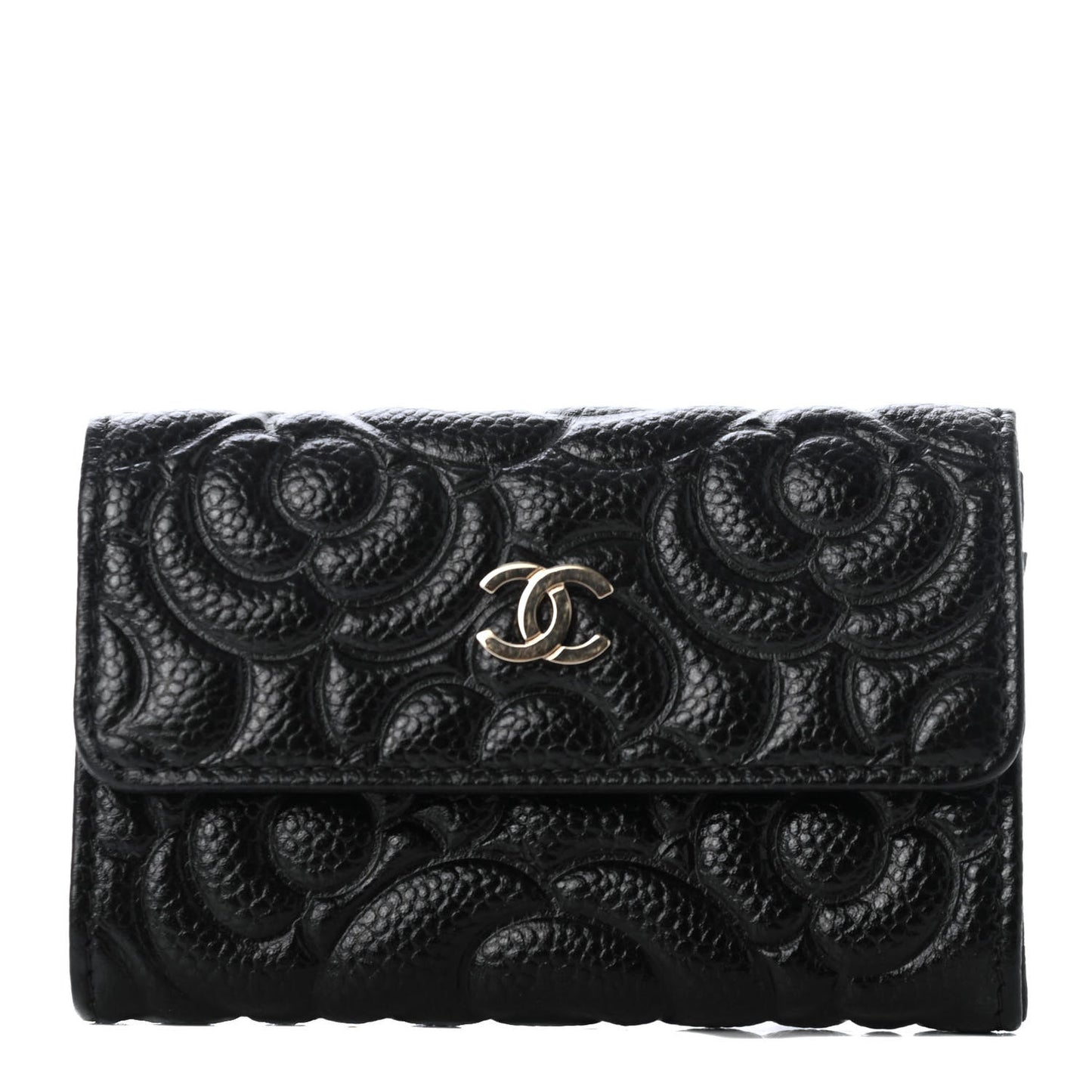 Caviar Camellia Embossed Card Holder Wallet Black