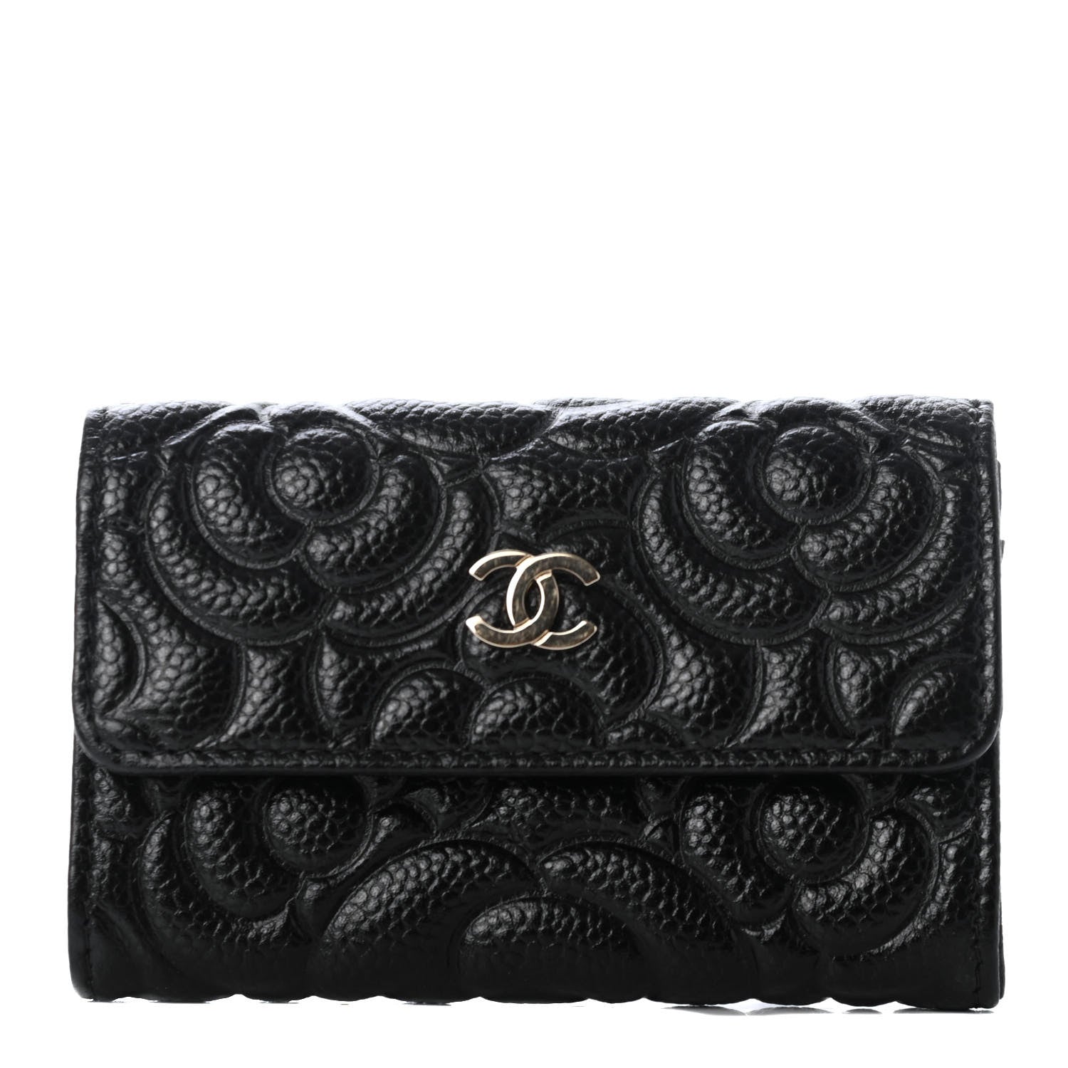 Chanel Caviar Camellia Embossed Card Holder Wallet Black 1 of 9