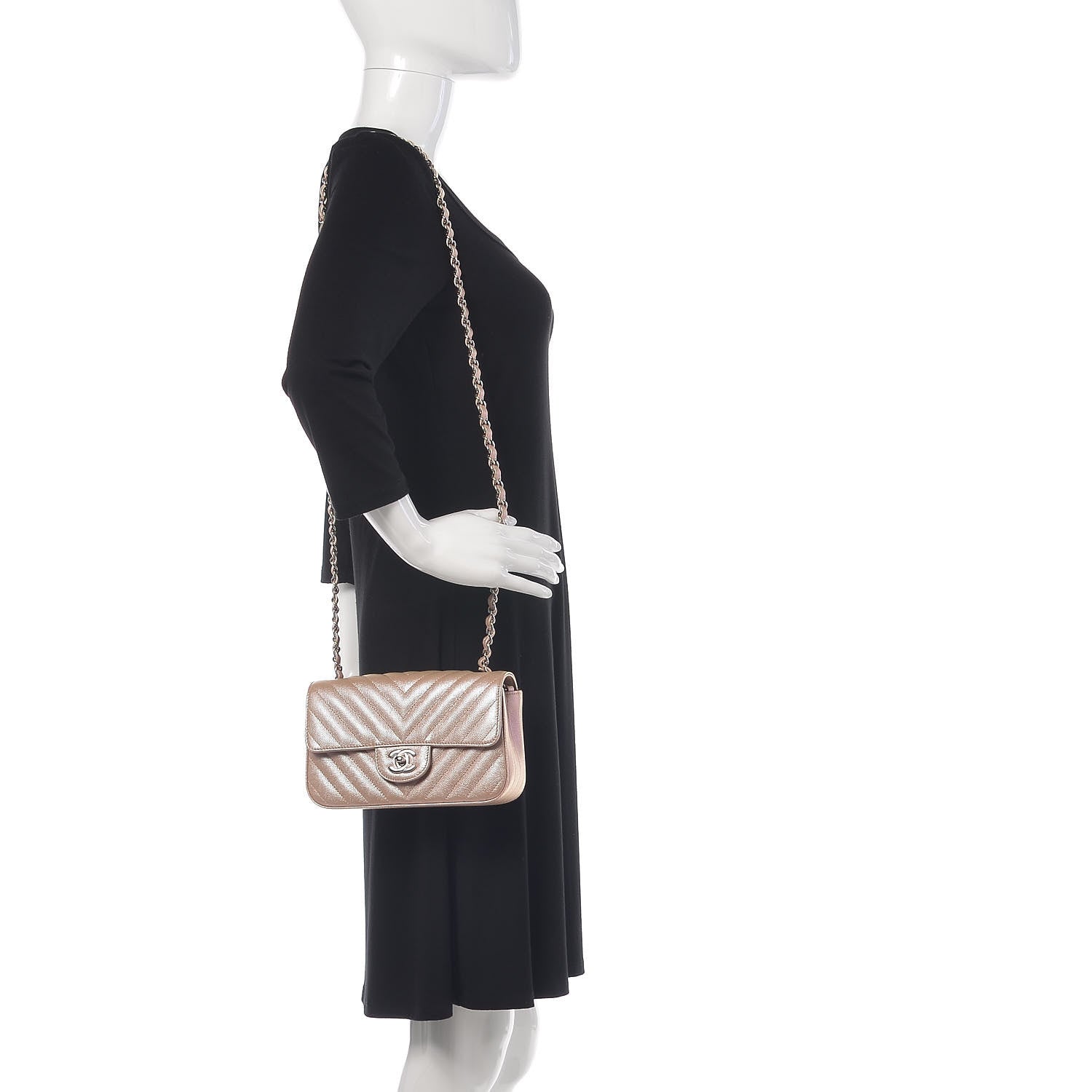 Chanel Iridescent Caviar Chevron Quilted Mini Rectangular Flap Light Gold 2 of 10