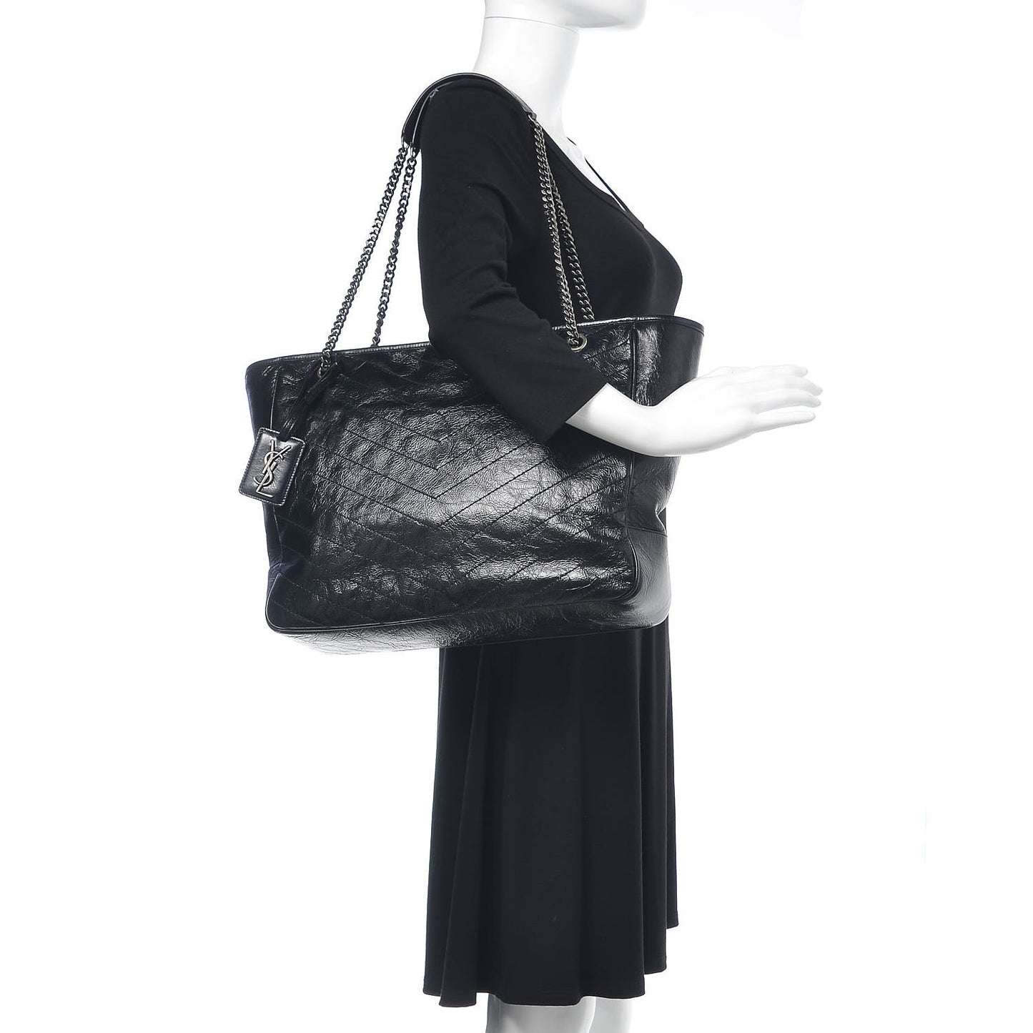 Crinkled Calfskin Matelasse Monogram Large Niki Shopping Tote Bag Black