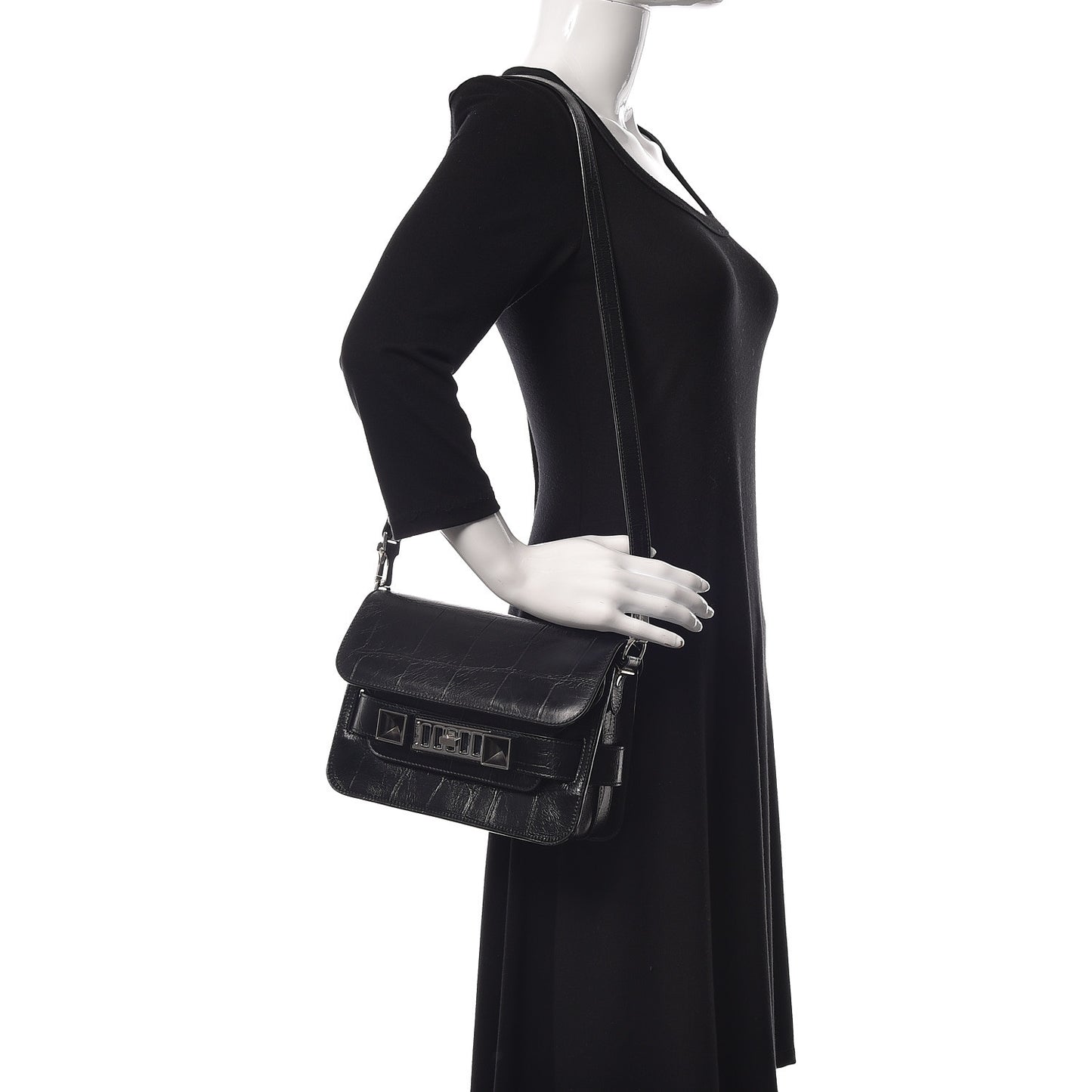 Calfskin Crocodile Embossed Mini PS11 Classic Shoulder Bag Black