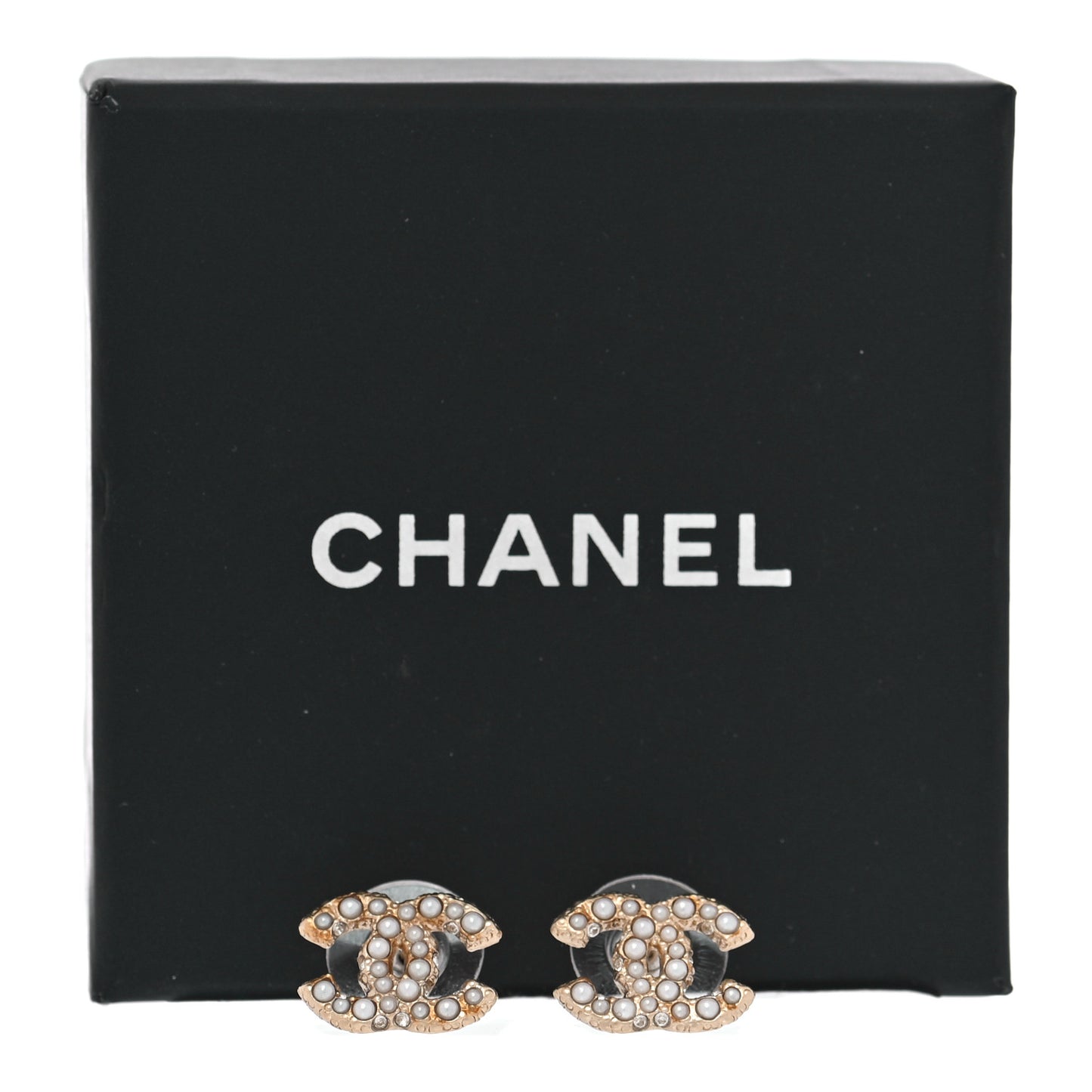 Pearl Crystal CC Stud Earrings Gold