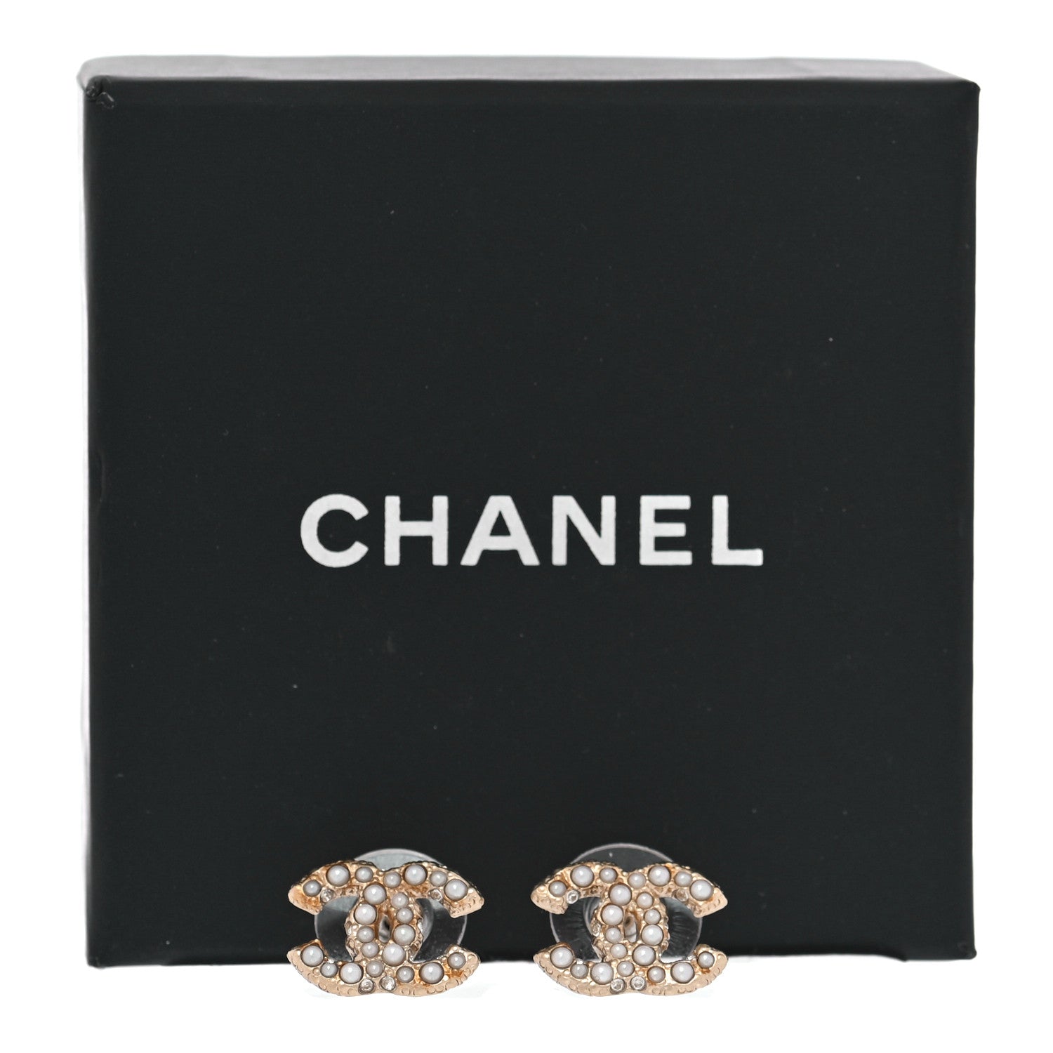 Chanel Pearl Crystal CC Stud Earrings Gold 5 of 5